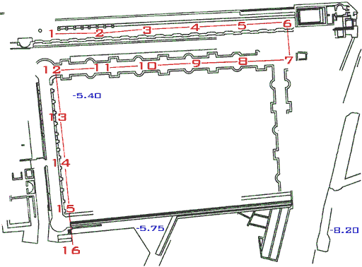 Planimetria della Villa dei Pisoni - Planimetria della Villa dei Pisoni. In rosso il percorso subacqueo illustrato da pannelli esplicativi.